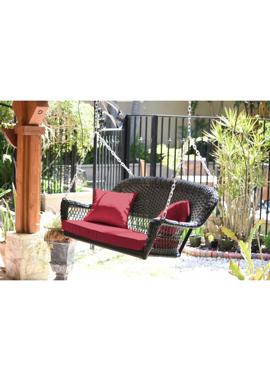 Black Resin Wicker Porch Swing with Red Cushion