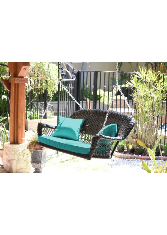 Black Resin Wicker Porch Swing with Turquoise Cushion