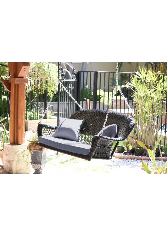 Black Resin Wicker Porch Swing with Steel Blue Cushion