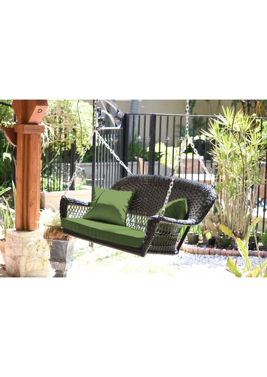 Black Resin Wicker Porch Swing with Hunter Green Cushion