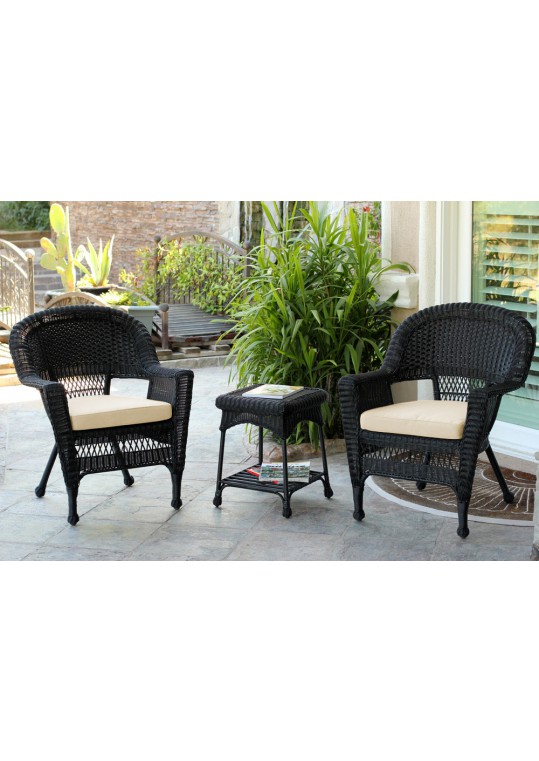 Black Wicker Chair And End Table Set With Ivory Cushion