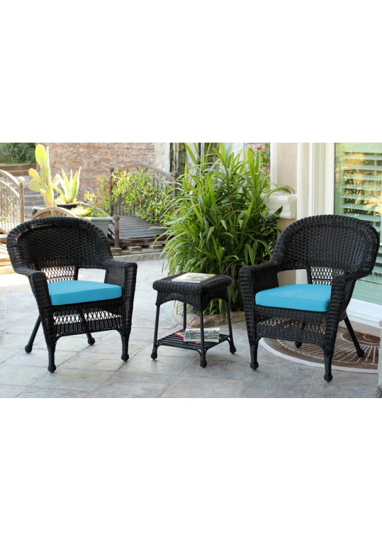 Black Wicker Chair And End Table Set With Sky Blue Cushion