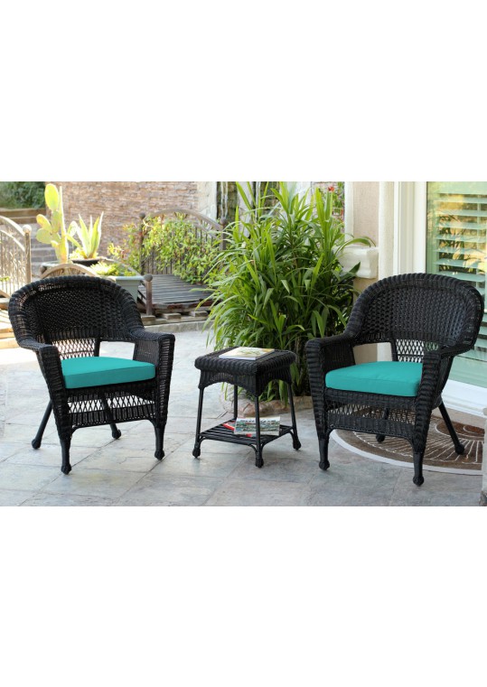 Black Wicker Chair And End Table Set With Turquoise Cushion