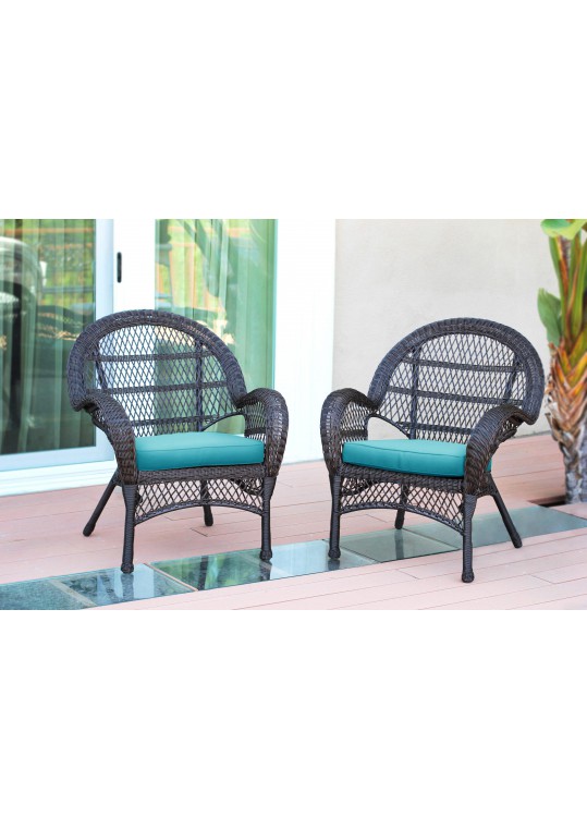 Santa Maria Espresso Wicker Chair with Sky Blue Cushion - Set of 2