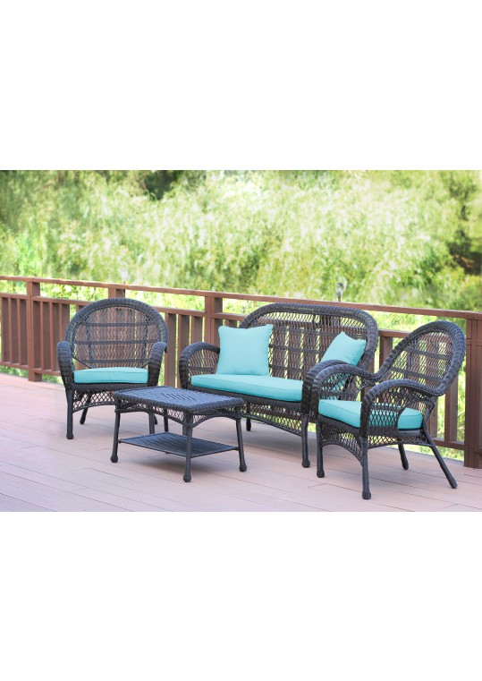 4pc Santa Maria Espresso Wicker Conversation Set - Sky Blue Cushions