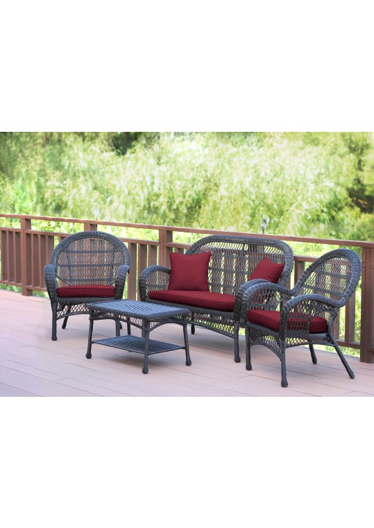 4pc Santa Maria Espresso Wicker Conversation Set - Red Cushions