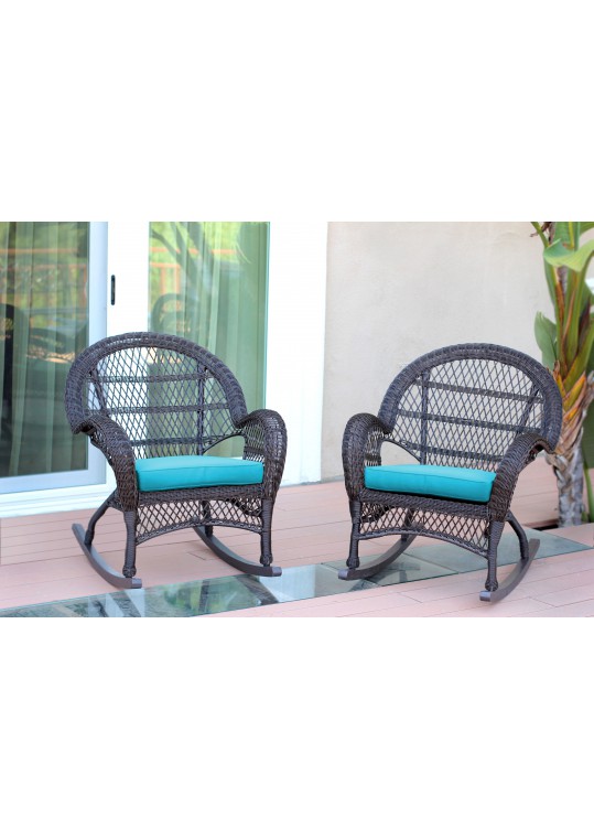 Santa Maria Espresso Wicker Rocker Chair with Sky Blue Cushion - Set of 2