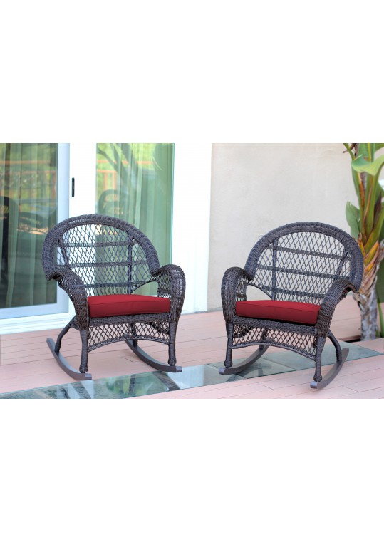 Santa Maria Espresso Wicker Rocker Chair with Red Cushion - Set of 2