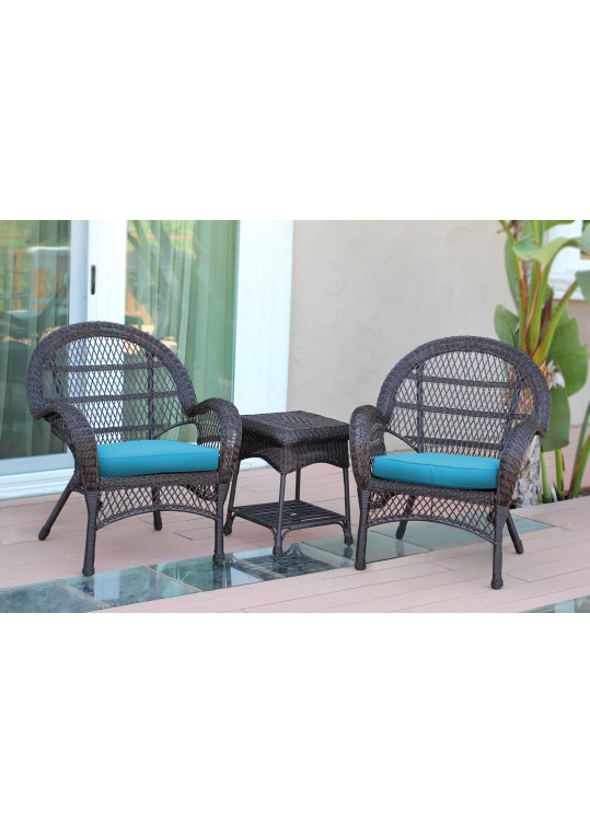3pc Santa Maria Espresso Wicker Chair Set - Sky Blue Cushions