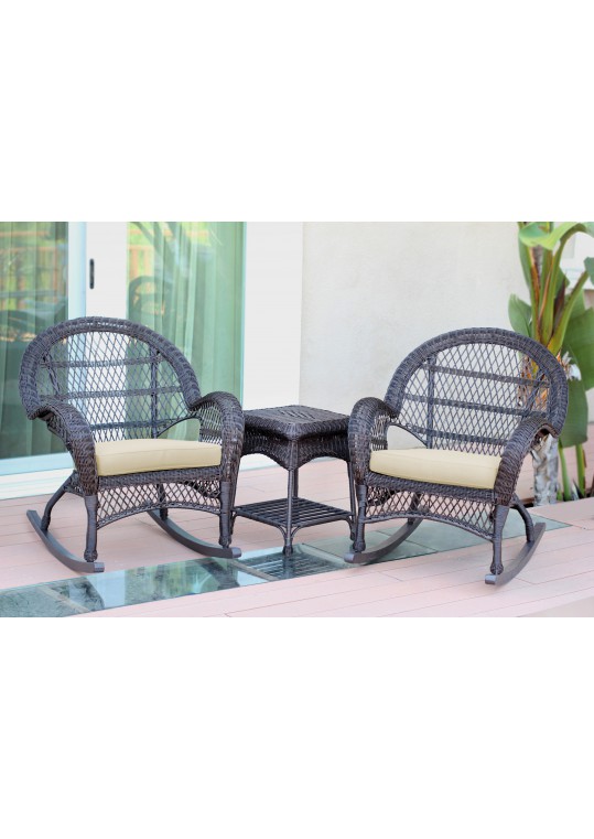 3pc Santa Maria Espresso Rocker Wicker Chair Set - Ivory Cushions