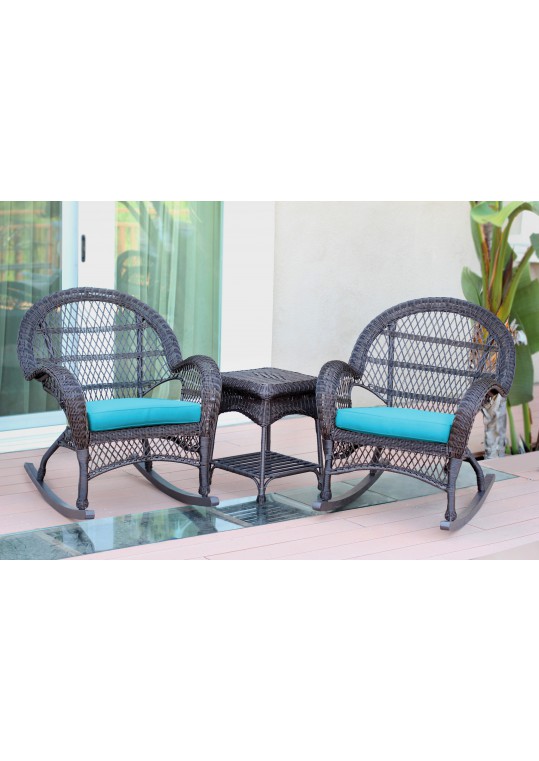 3pc Santa Maria Espresso Rocker Wicker Chair Set - Sky Blue Cushions