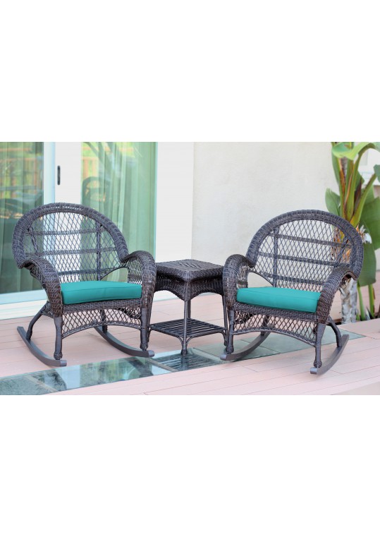 3pc Santa Maria Espresso Rocker Wicker Chair Set - Turquoise Cushions