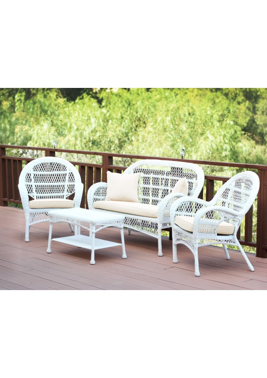4pc Santa Maria White Wicker Conversation Set - Ivory Cushions