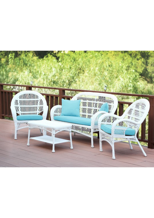 4pc Santa Maria White Wicker Conversation Set - Sky Blue Cushions