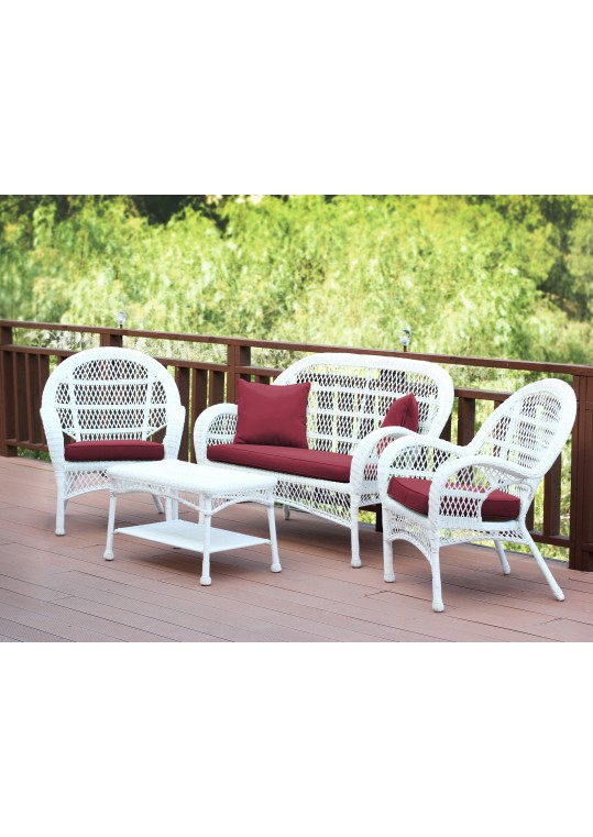 4pc Santa Maria White Wicker Conversation Set - Red Cushions