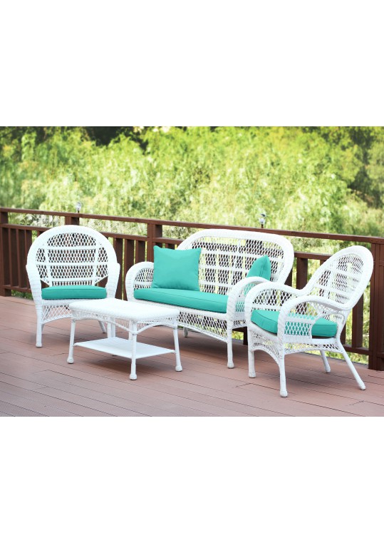 4pc Santa Maria White Wicker Conversation Set - Turquoise Cushions