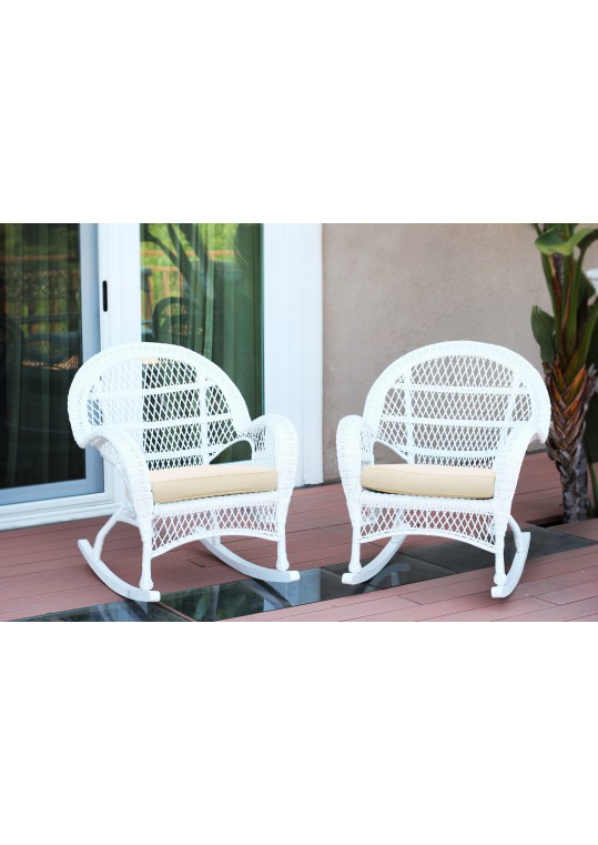Santa Maria White Wicker Rocker Chair with Ivory Cushion - Set of 2