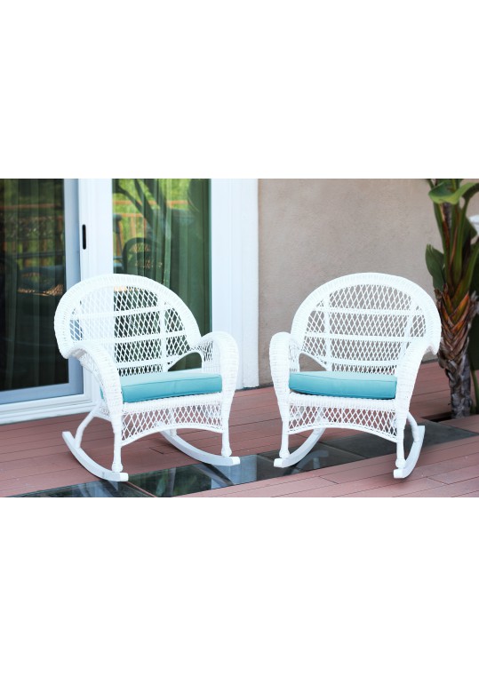 Santa Maria White Wicker Rocker Chair with Sky Blue Cushion - Set of 2