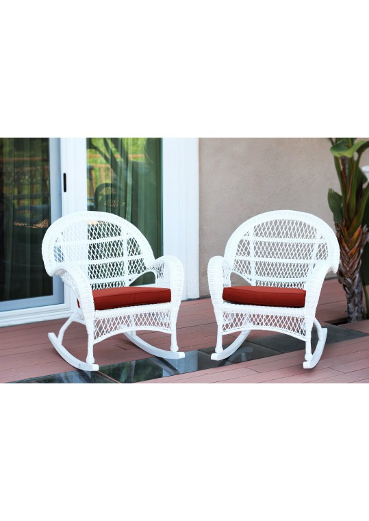 Santa Maria White Wicker Rocker Chair with Red Cushion - Set of 2