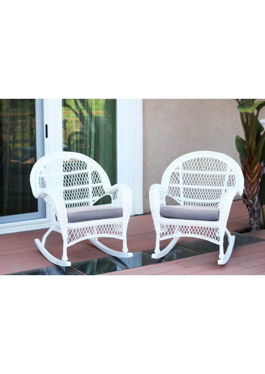 Santa Maria White Wicker Rocker Chair with Steel Blue Cushion - Set of 2