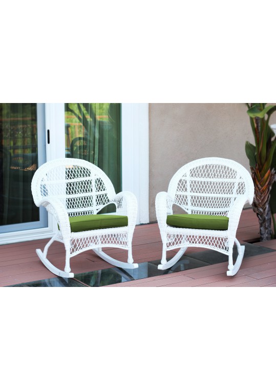 Santa Maria White Wicker Rocker Chair with Hunter Green Cushion - Set of 2