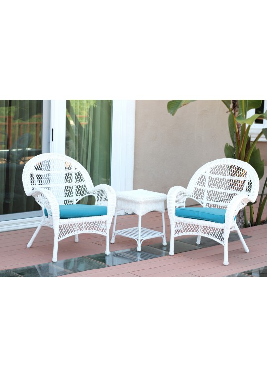 3pc Santa Maria White Wicker Chair Set - Sky Blue Cushions