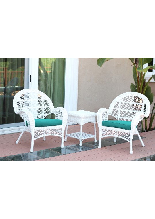 3pc Santa Maria White Wicker Chair Set - Turquoise Cushions