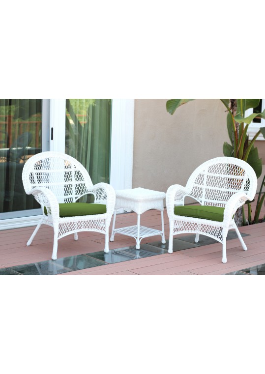 3pc Santa Maria White Wicker Chair Set - Hunter Green Cushions