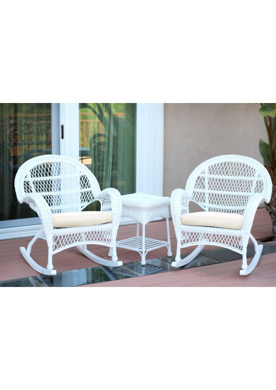 3pc Santa Maria White Rocker Wicker Chair Set - Ivory Cushions