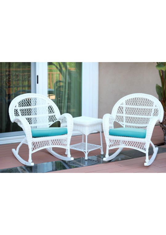 3pc Santa Maria White Rocker Wicker Chair Set - Sky Blue Cushions