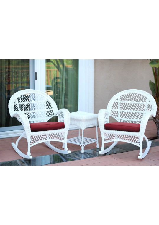 3pc Santa Maria White Rocker Wicker Chair Set - Red Cushions