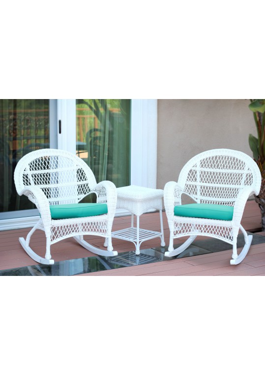 3pc Santa Maria White Rocker Wicker Chair Set - Turquoise Cushions