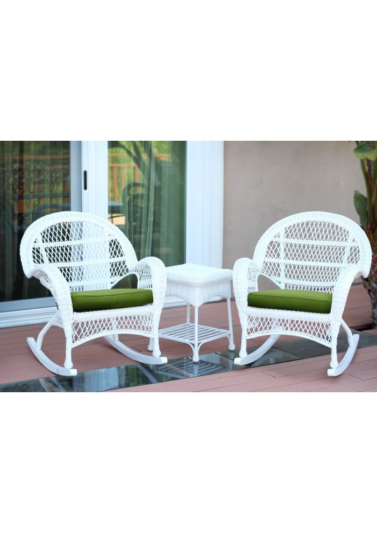3pc Santa Maria White Rocker Wicker Chair Set - Hunter Green Cushions