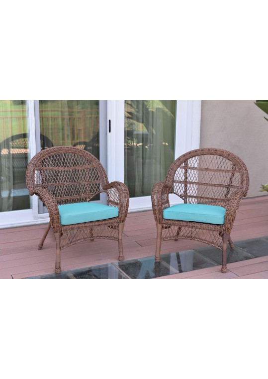 Santa Maria Honey Wicker Chair with Sky Blue Cushion - Set of 2