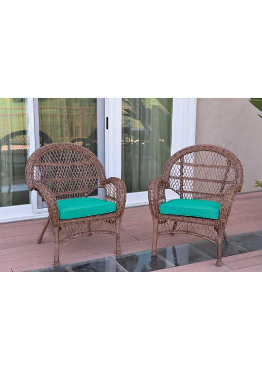 Santa Maria Honey Wicker Chair with Turquoise Cushion - Set of 2