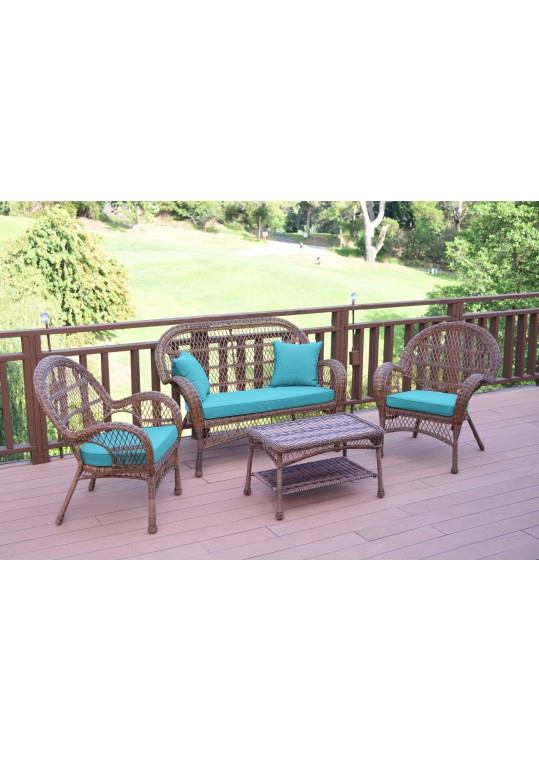 4pc Santa Maria Honey Wicker Conversation Set - Sky Blue Cushions