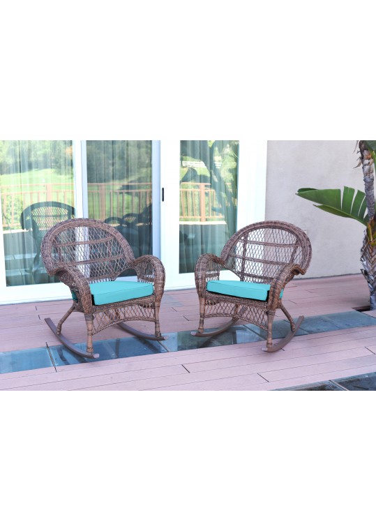 Santa Maria Honey Wicker Rocker Chair with Sky Blue Cushion - Set of 2