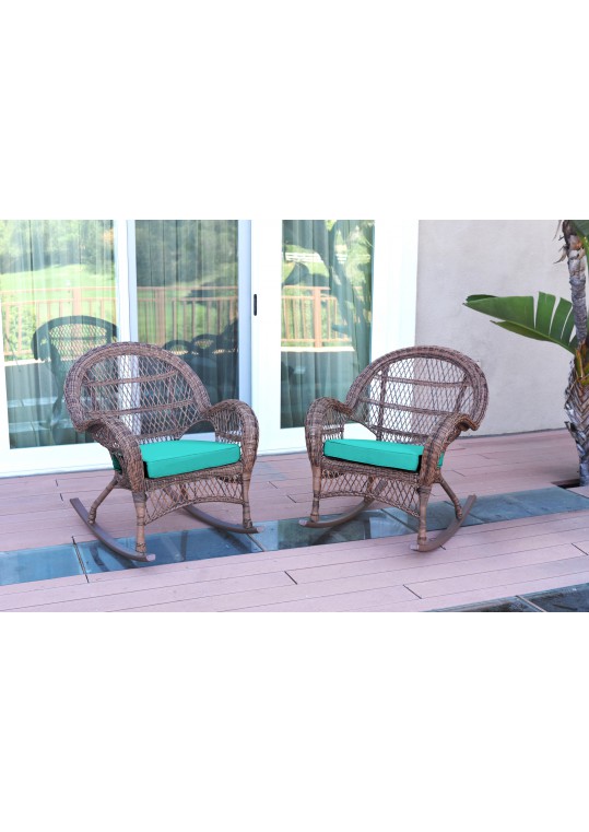 Santa Maria Honey Wicker Rocker Chair with Turquoise Cushion - Set of 2