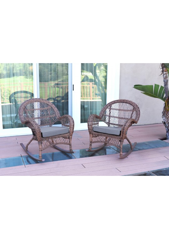 Santa Maria Honey Wicker Rocker Chair with Steel Blue Cushion - Set of 2