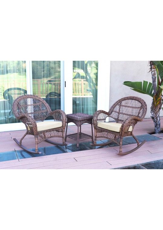 3pc Santa Maria Honey Rocker Wicker Chair Set - Ivory Cushions