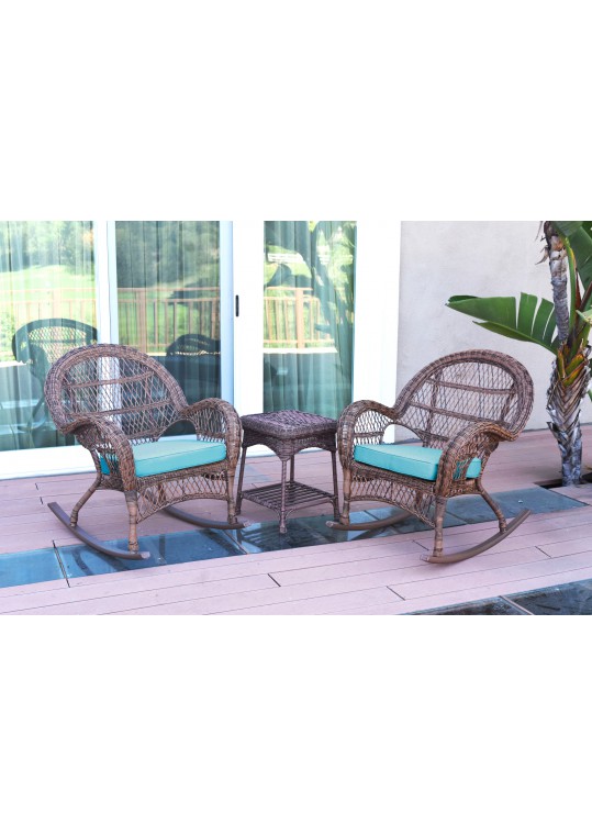 3pc Santa Maria Honey Rocker Wicker Chair Set - Sky Blue Cushions