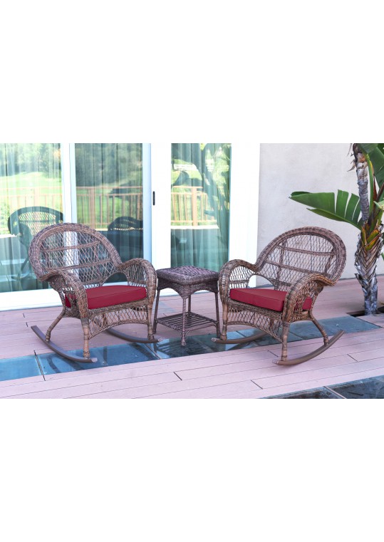 3pc Santa Maria Honey Rocker Wicker Chair Set - Red Cushions