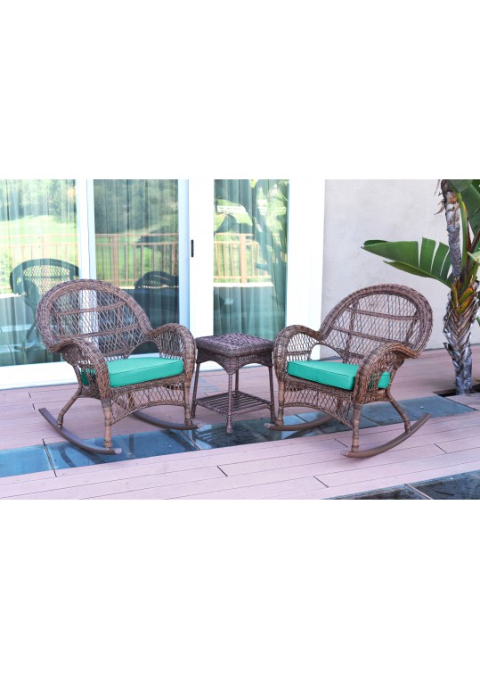 3pc Santa Maria Honey Rocker Wicker Chair Set - Turquoise Cushions