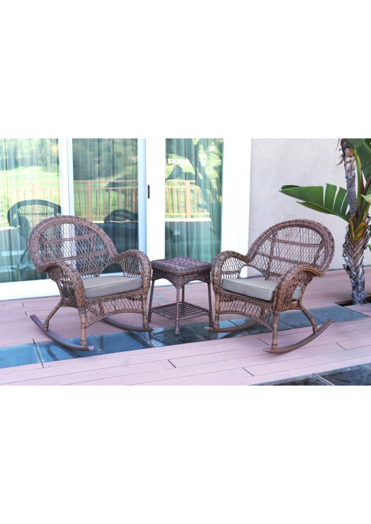 3pc Santa Maria Honey Rocker Wicker Chair Set - Steel Blue Cushions