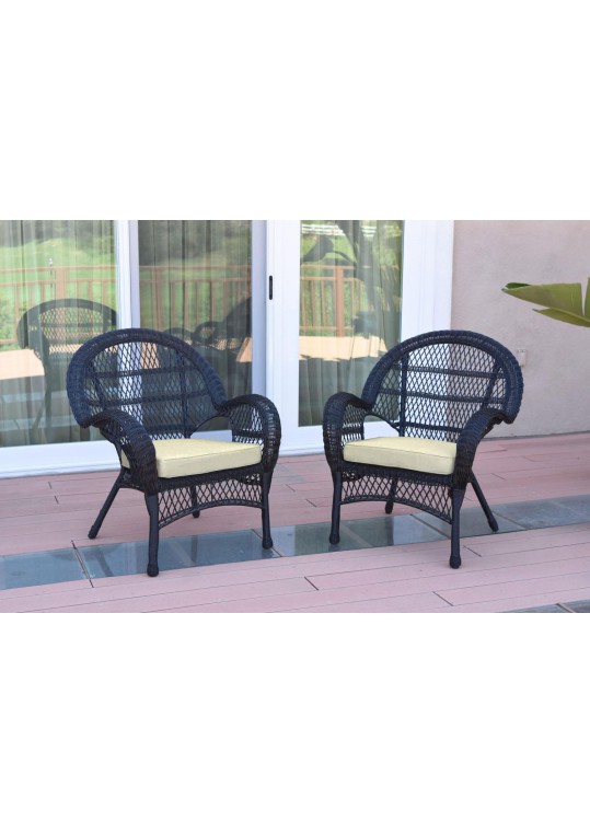 Santa Maria Black Wicker Chair with Ivory Cushion - Set of 2