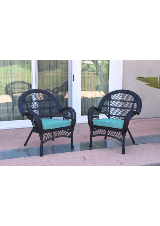 Santa Maria Black Wicker Chair with Sky Blue Cushion - Set of 2