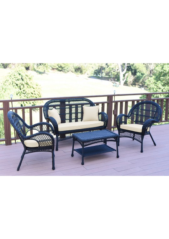 4pc Santa Maria Black Wicker Conversation Set - Ivory Cushions