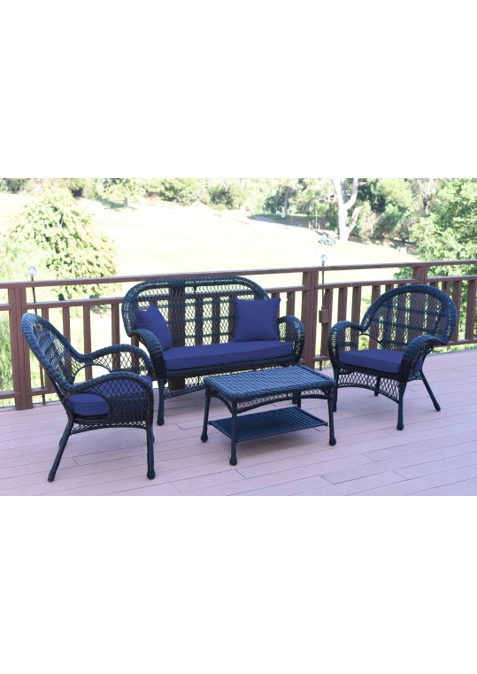 4pc Santa Maria Black Wicker Conversation Set - Midnight Blue Cushions