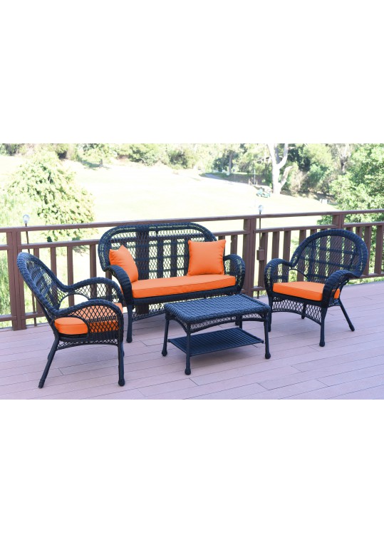 4pc Santa Maria Black Wicker Conversation Set - Orange Cushions