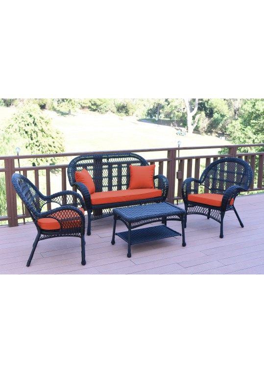 4pc Santa Maria Black Wicker Conversation Set - Brick Red Cushions